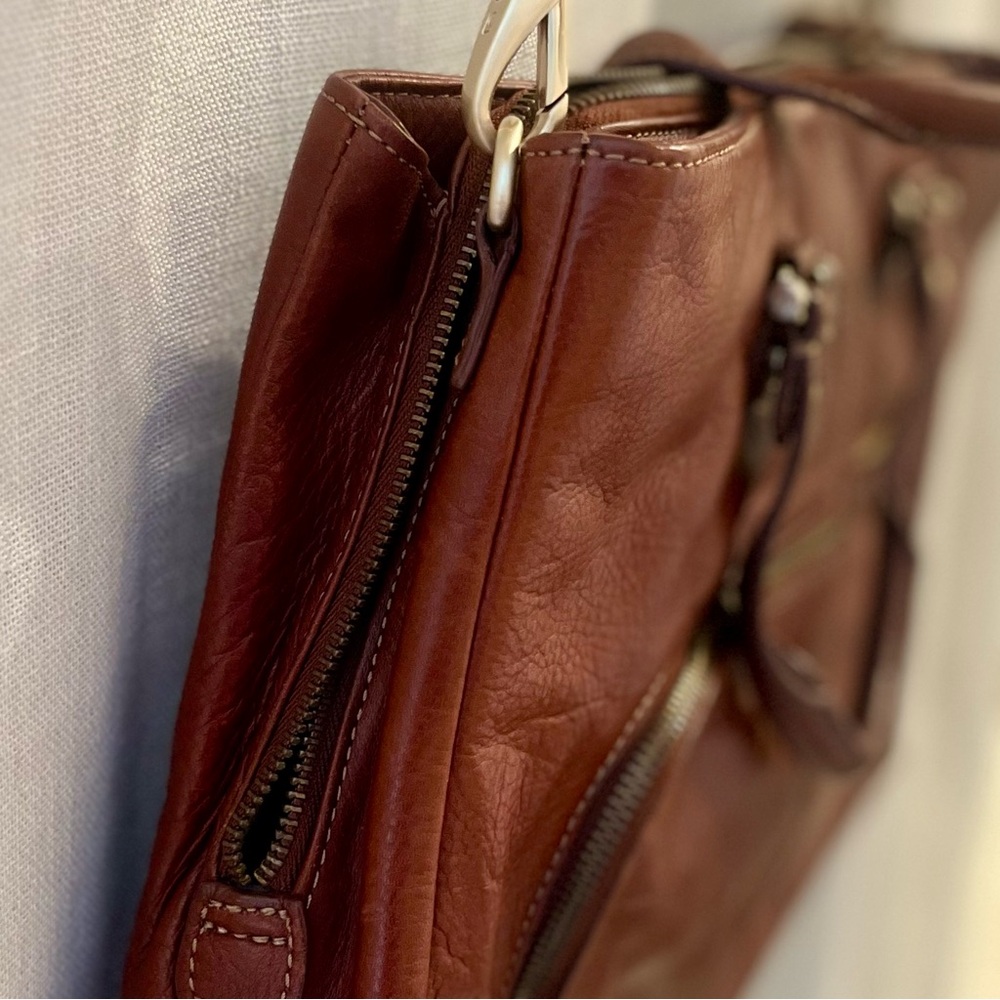 Cognac Genuine Leather Crossbody Satchel | Vintage Style Work Tote - Picture 5 of 12